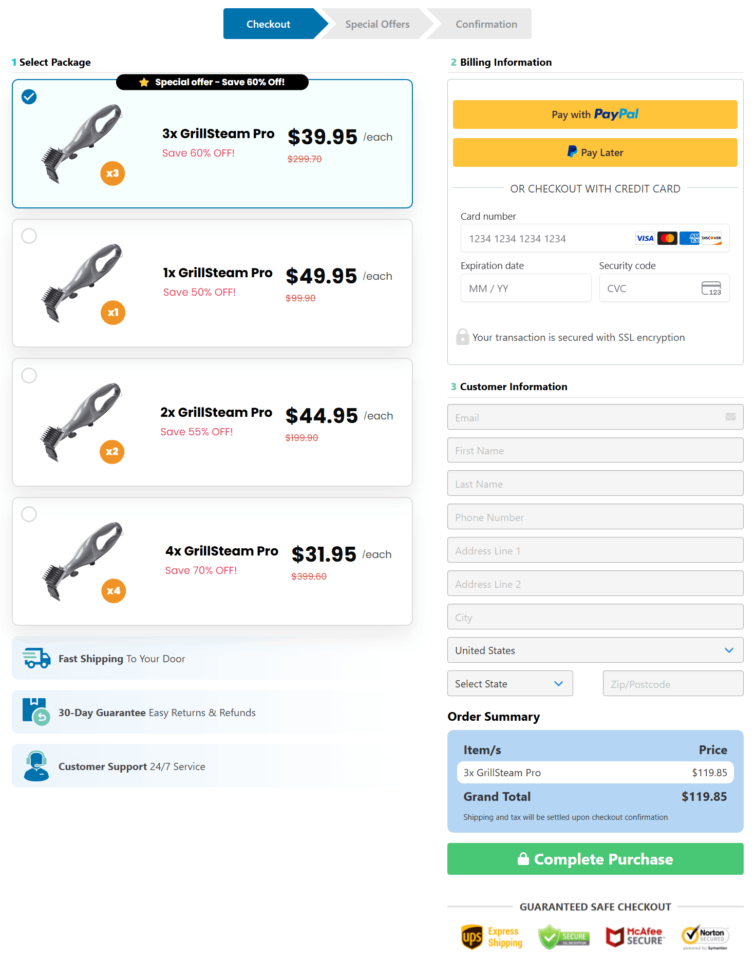 GrillSteam Pro checkout page